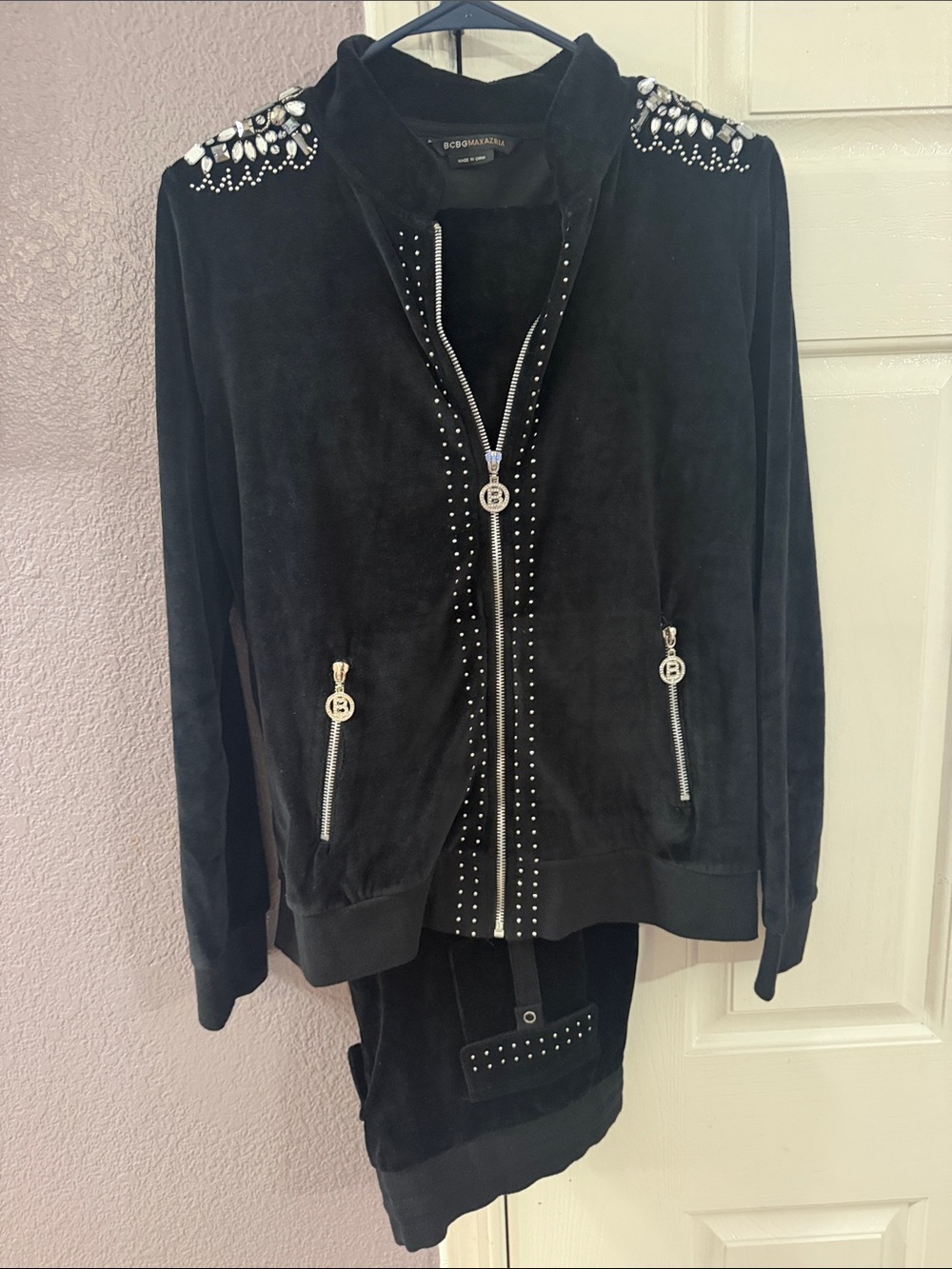 BCBGMaxAzria Black Embellished Velour Bomber Jacket